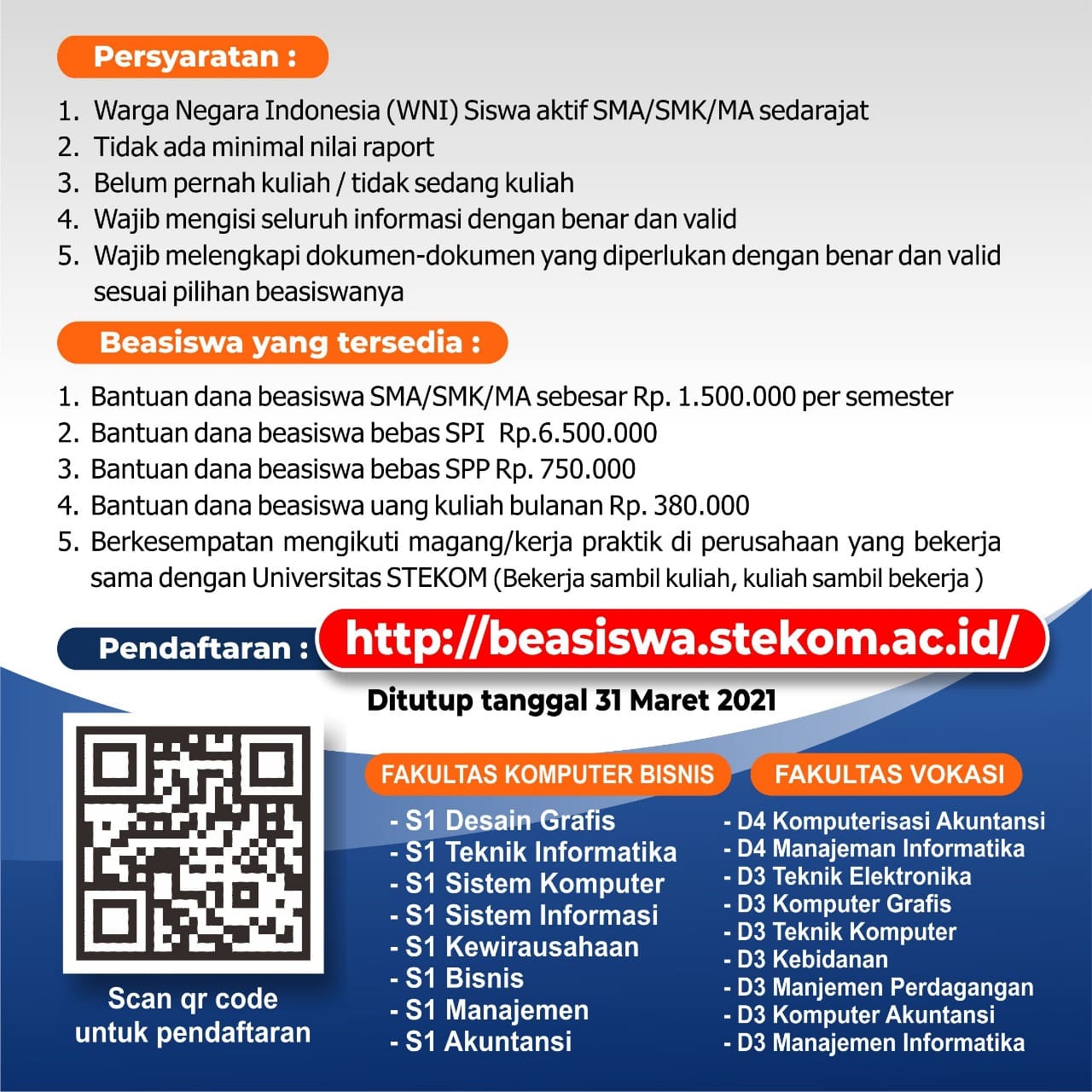 INFORMASI PENDAFTARAN PROGRAM PAKET 1001 BEASISWA UNIVERSITAS STEKOM TAHUN 2021