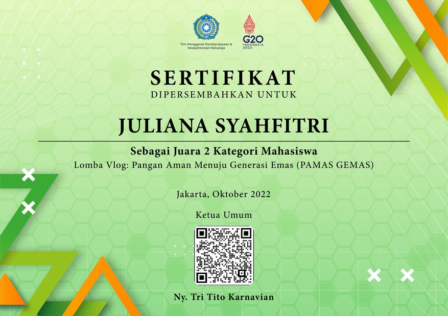 Juliana Syahfitri : Juara 2 Lomba Vlog Pangan Aman Menuju Generasi Emas 2022 - Dirjen PPPK Kemendagri