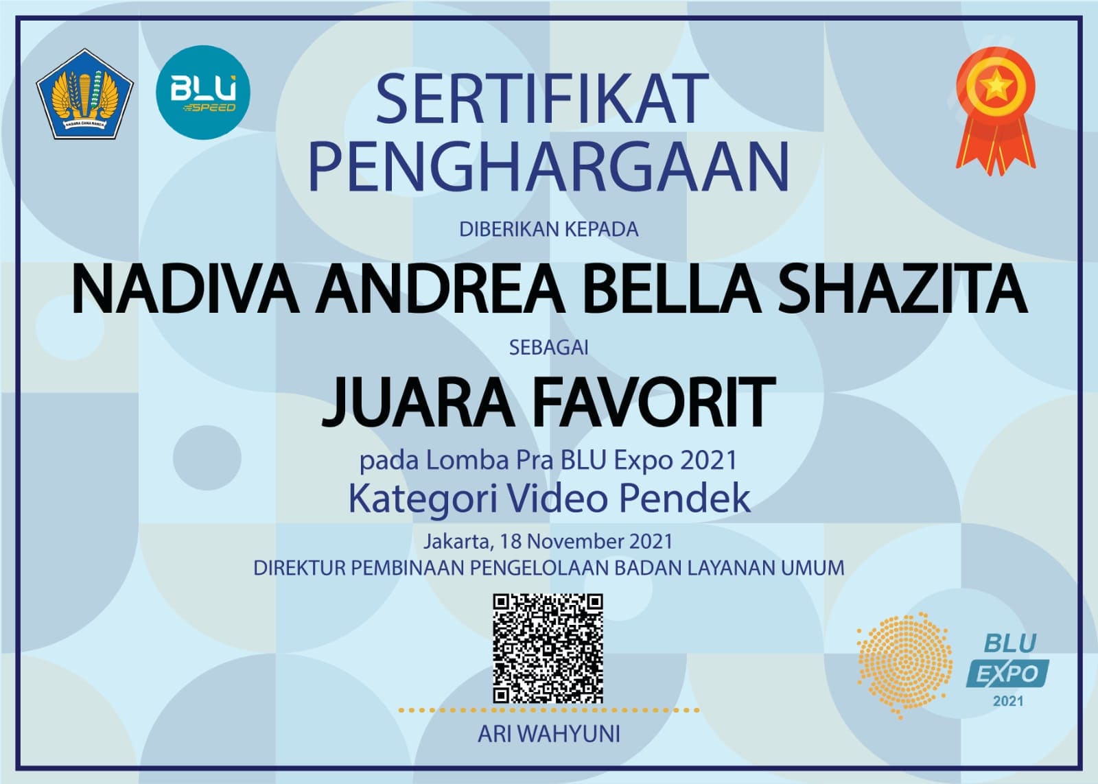 Nadiva Andreabella Shazita: Menjuari Lomba Video Pendek BLU