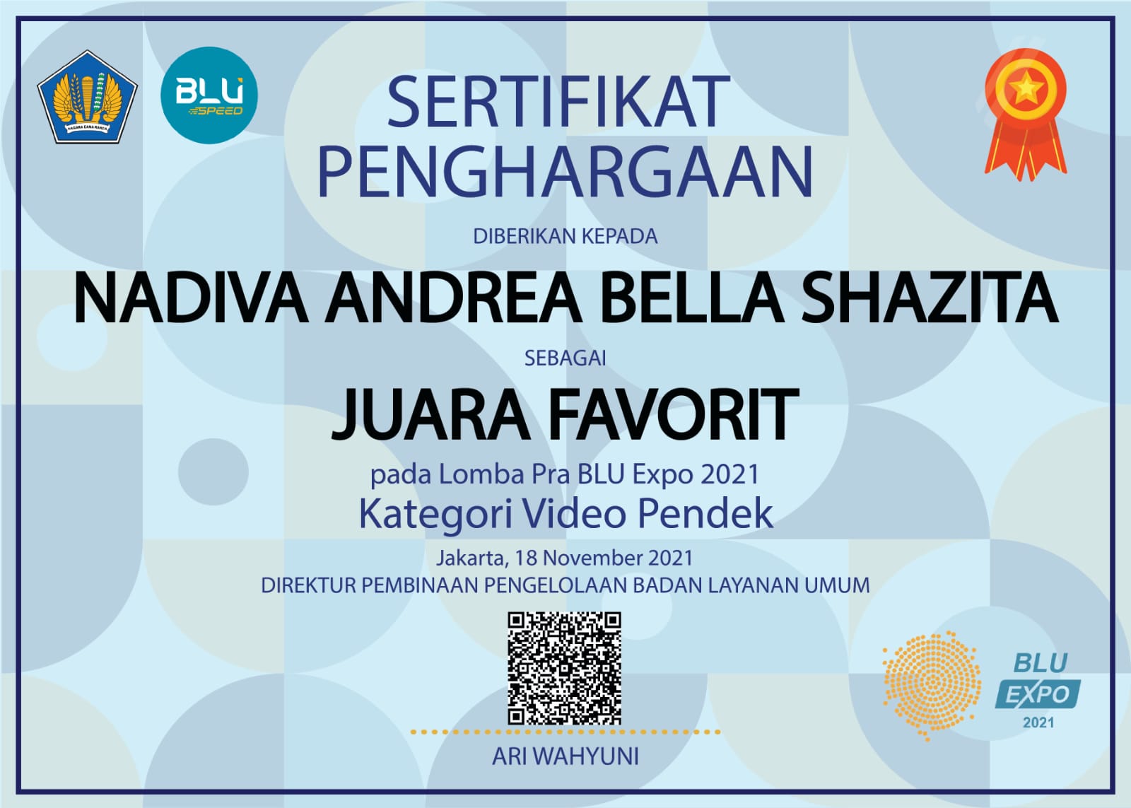 Nadiva Andreabella Shazita: Menjuari Lomba Video Pendek BLU